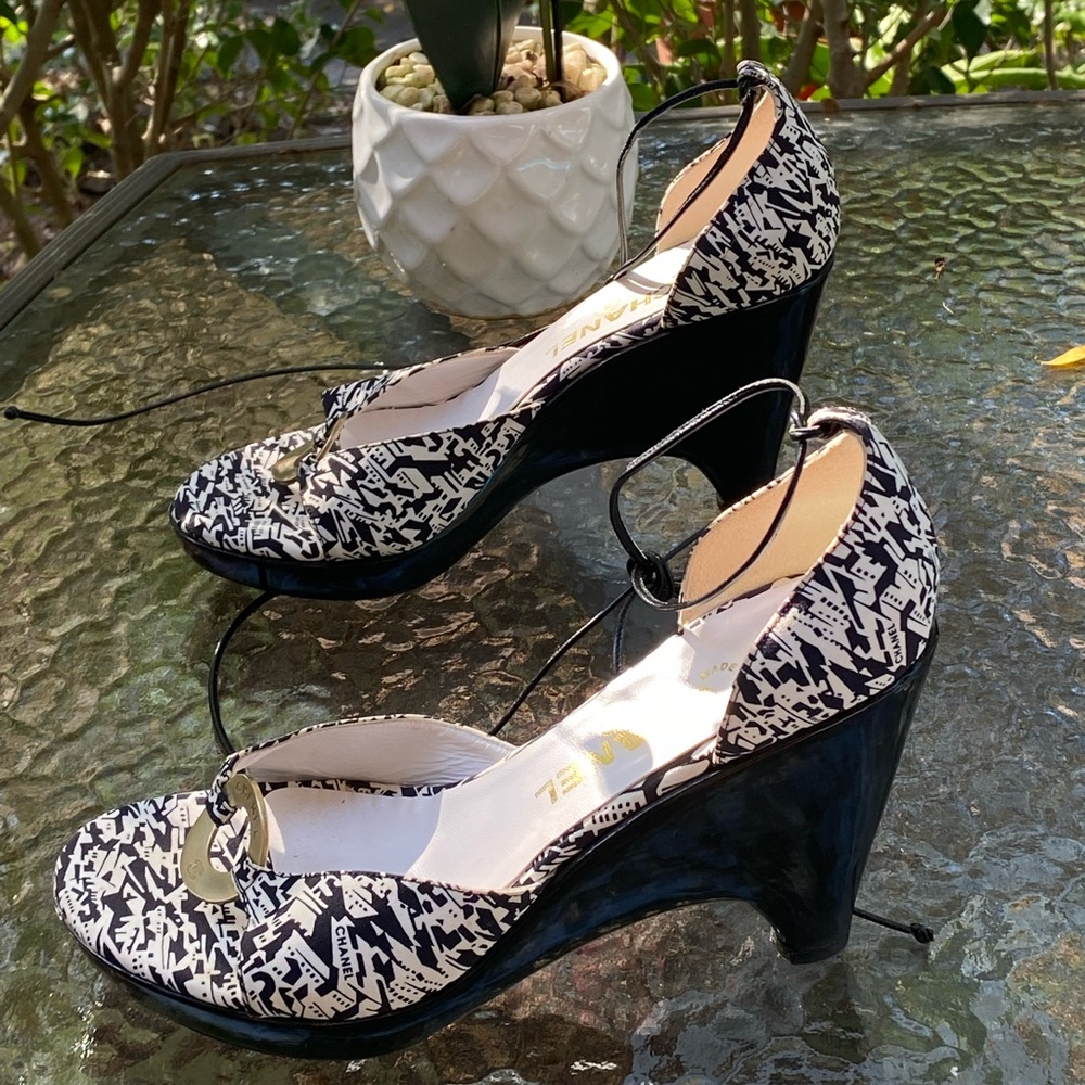 Chanel Vintage Black & White Logo Wedge Strappy Heels - Picture 9 of 16